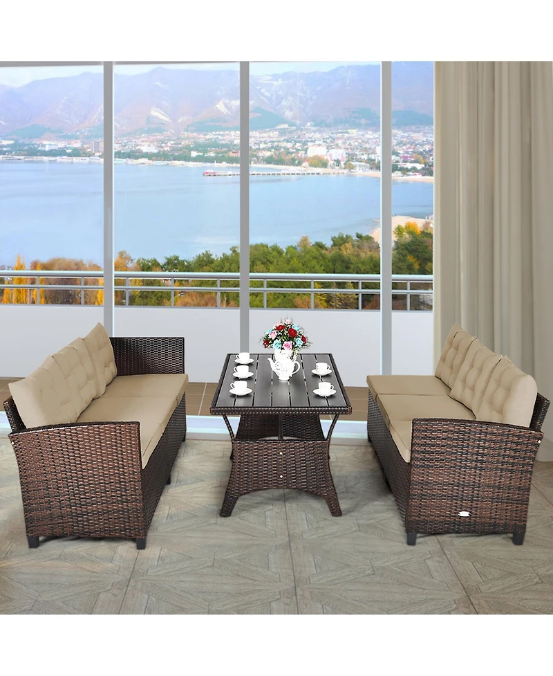 Gymax 3PCS Rattan Dining Sofa Set w/6 Cushioned Seats Patio Furniture