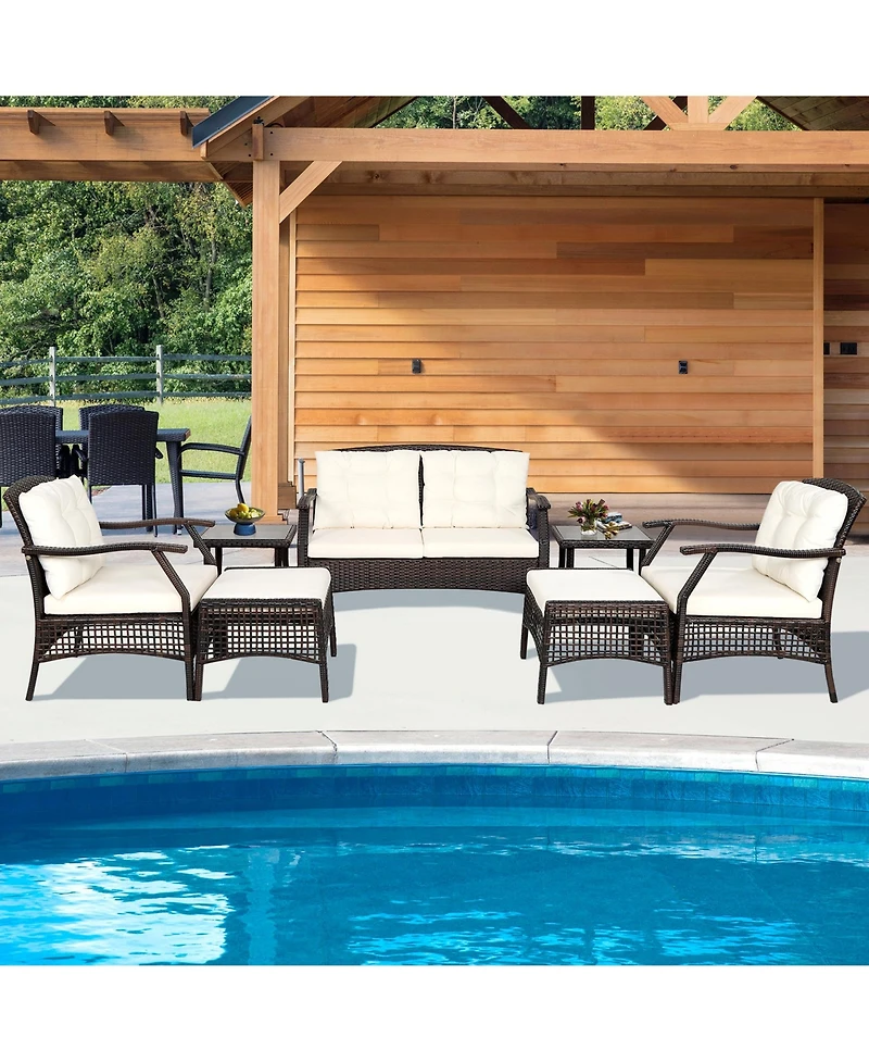 Gymax 7PCS Rattan Patio Conversation Sofa Furniture Set w/ Cushions & Waterproof Cover