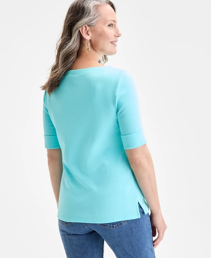 Style & Co Women's Boat-Neck Elbow Sleeve Cotton Top, Exclusively at Macy's