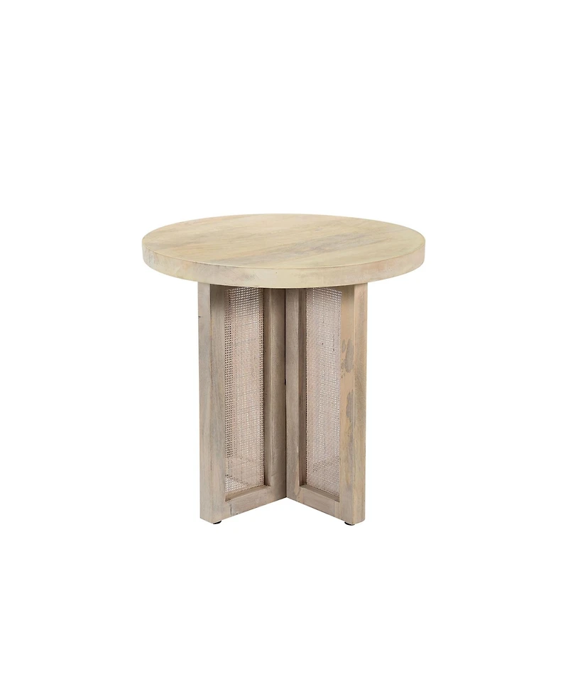 22-Inch Round End Table Natural Solid Wood Top with Rattan Base for Farmhouse Decor