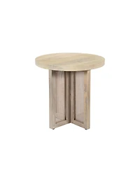 22-Inch Round End Table Natural Solid Wood Top with Rattan Base for Farmhouse Decor