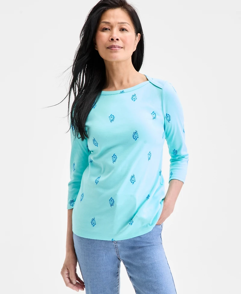 Style & Co Women's Printed Cotton 3/4-Sleeve Top, Exclusively at Macy's