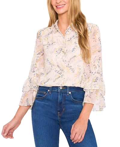 CeCe Women's Printed Long-Sleeve Ruffle-Cuff Blouse