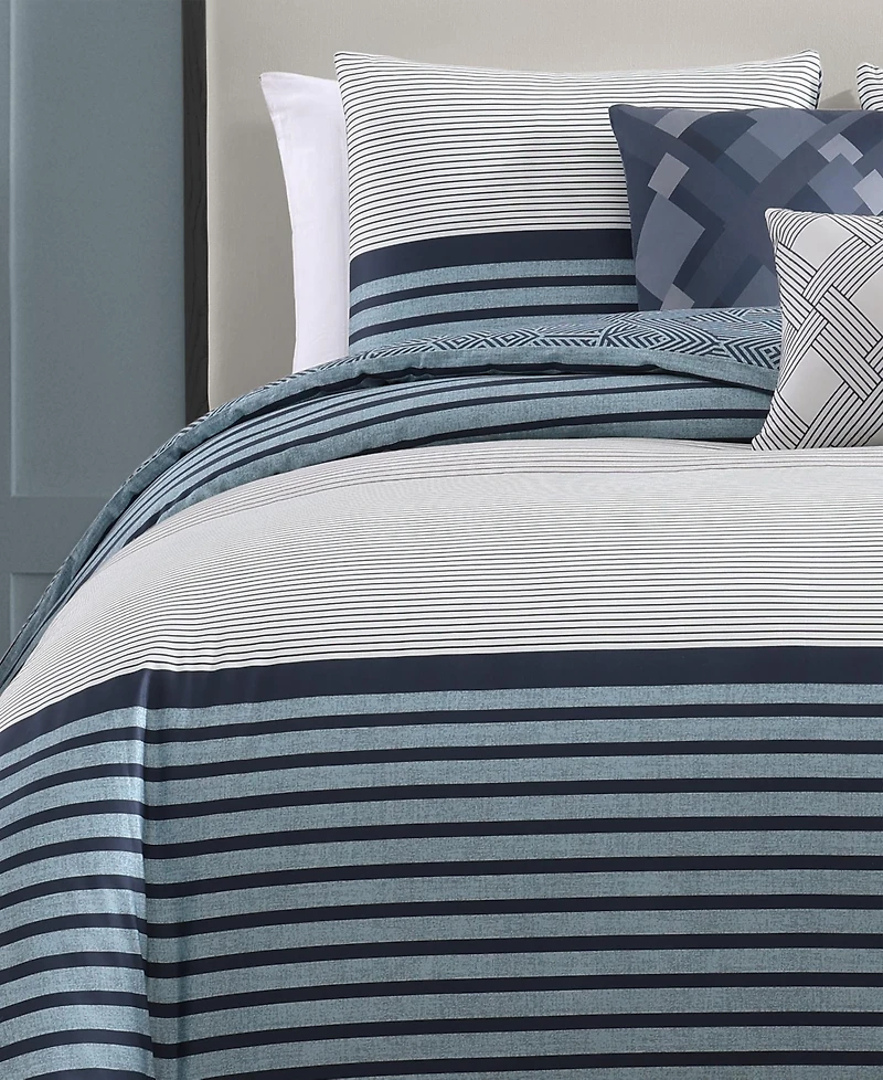 Bebejan Blue Geo Lines Bedding 100% Cotton Sateen 5 Piece King Size Reversible Comforter Set