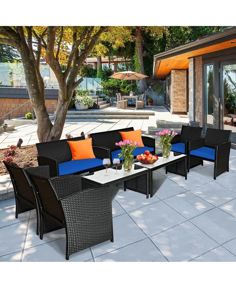 Gymax 8PCS Rattan Outdoor Conversation Set Patio Furniture Set w/ Navy Cushions