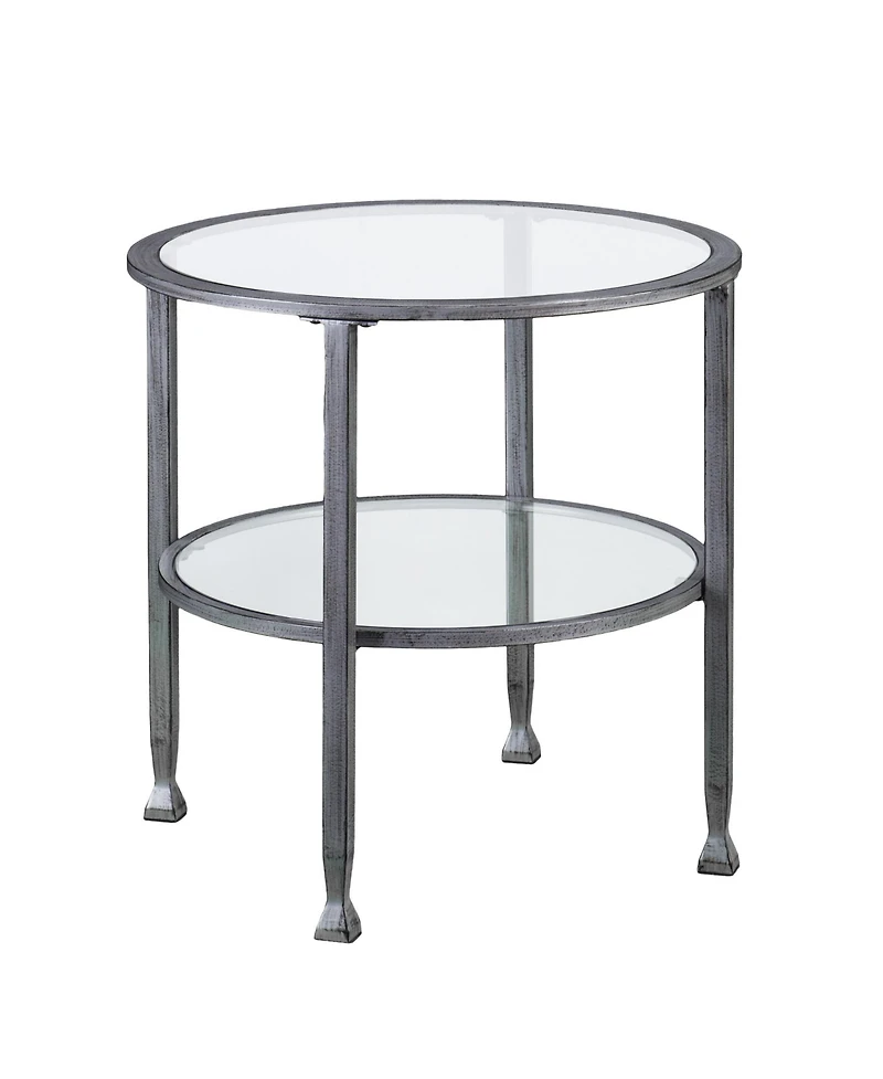 24" Silver And Clear Glass And Distressed Iron Round End Table With Shelf
