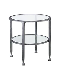 24" Silver And Clear Glass And Distressed Iron Round End Table With Shelf