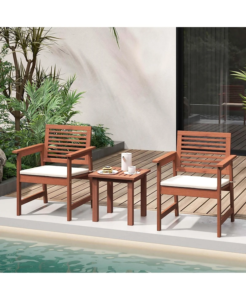 3 Pcs Patio Furniture Set with 2 Seat Cushions Coffee Table Solid Wood Chairs