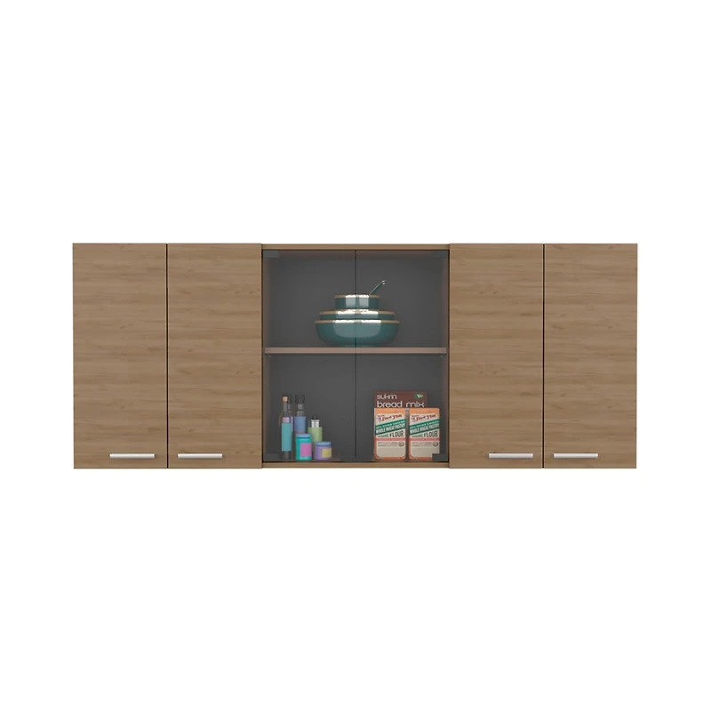 Oceana 150 Wall Cabinet with Four Doors, Two Internal Shelves, Internal Plate and Glass Organizer, Two Storage Shelves with Two Glass Doors, Natural O