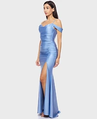 B Darlin Juniors' Off-The-Shoulder Slit-Front Ruched Gown
