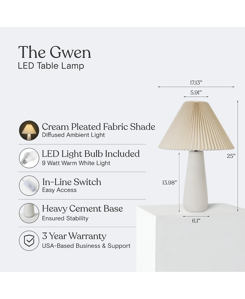 Gwen Led Modern Table Lamp with Cream Pleated Fabric Shade and Weighted Base, Bulb Included (25")