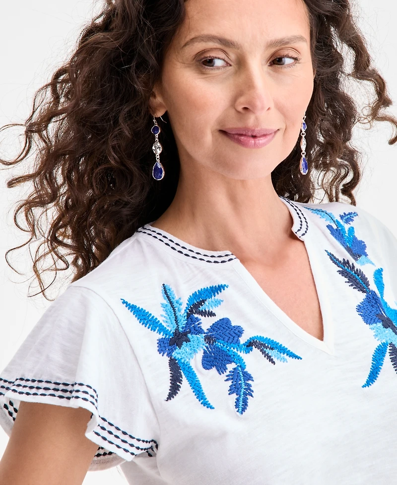 Style & Co Petite Embroidered Cotton Flutter-Sleeve Top, Exclusively at Macy's