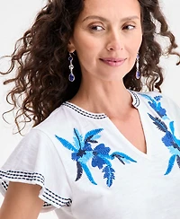 Style & Co Petite Embroidered Cotton Flutter-Sleeve Top, Exclusively at Macy's