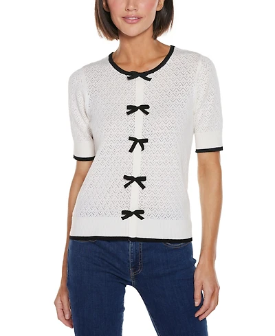 Belldini Women's Bow Detail Pointelle Short Sleeve Sweater