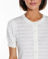 Belldini Women's Pointelle Scalloped Placket Cardigan Sweater