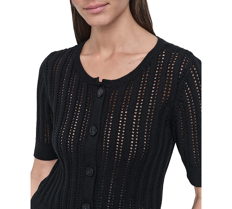 Dkny Jeans Women's Crewneck Short-Sleeve Cardigan Cable Pointelle Sweater - BLK
