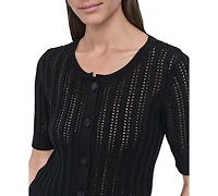 Dkny Jeans Women's Crewneck Short-Sleeve Cardigan Cable Pointelle Sweater - BLK