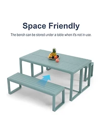 Aoodor 3-Piece Outdoor Patio Dining Set, Aluminum Furniture Set with 1 Rectangular Picnic Table and 2 Benches for Garden, Lawn, Yard