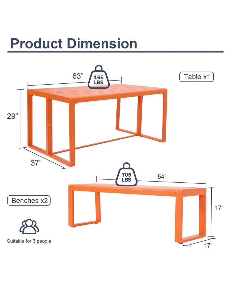 Aoodor 3-Piece Outdoor Patio Dining Set, Aluminum Furniture Set with 1 Rectangular Picnic Table and 2 Benches for Garden, Lawn, Yard
