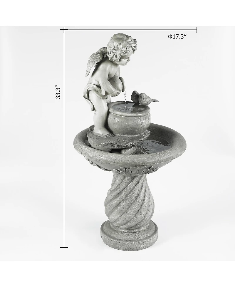 LuxenHome Gray Resin Cherub Birdbath Outdoor Patio Fountain