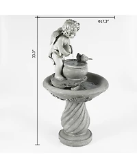 LuxenHome Gray Resin Cherub Birdbath Outdoor Patio Fountain