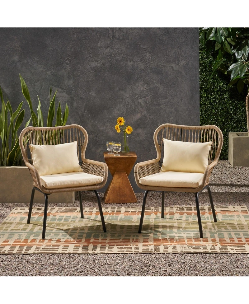 2-piece braided rope outdoor club lounge chair for patio lawn backyard with cushions beige