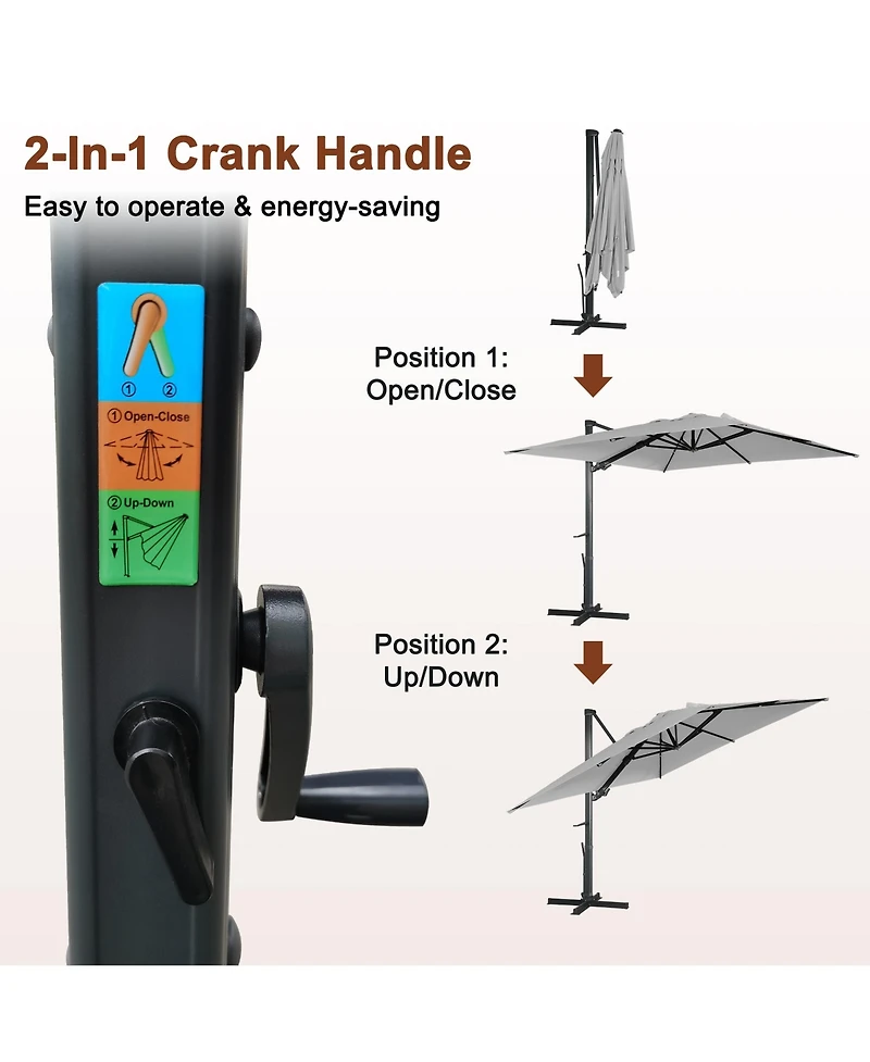 Mondawe 120" Square Cantilever Umbrella with Detachable Led Atmosphere Light and Bluetooth Player, w/ Weight Base Included
