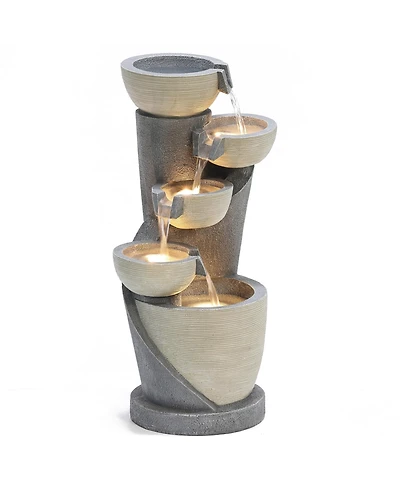 LuxenHome Gray Cascading Bowls and Column Resin Outdoor Fountain with Led Lights