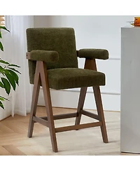 Upholstered Counter Height Stool with Arms, 25.5" Solid Wood Chair for Kitchen Island or Home Bar-Maison Boucle