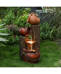 LuxenHome Rustic Resin Pots and Posts Outdoor Fountain