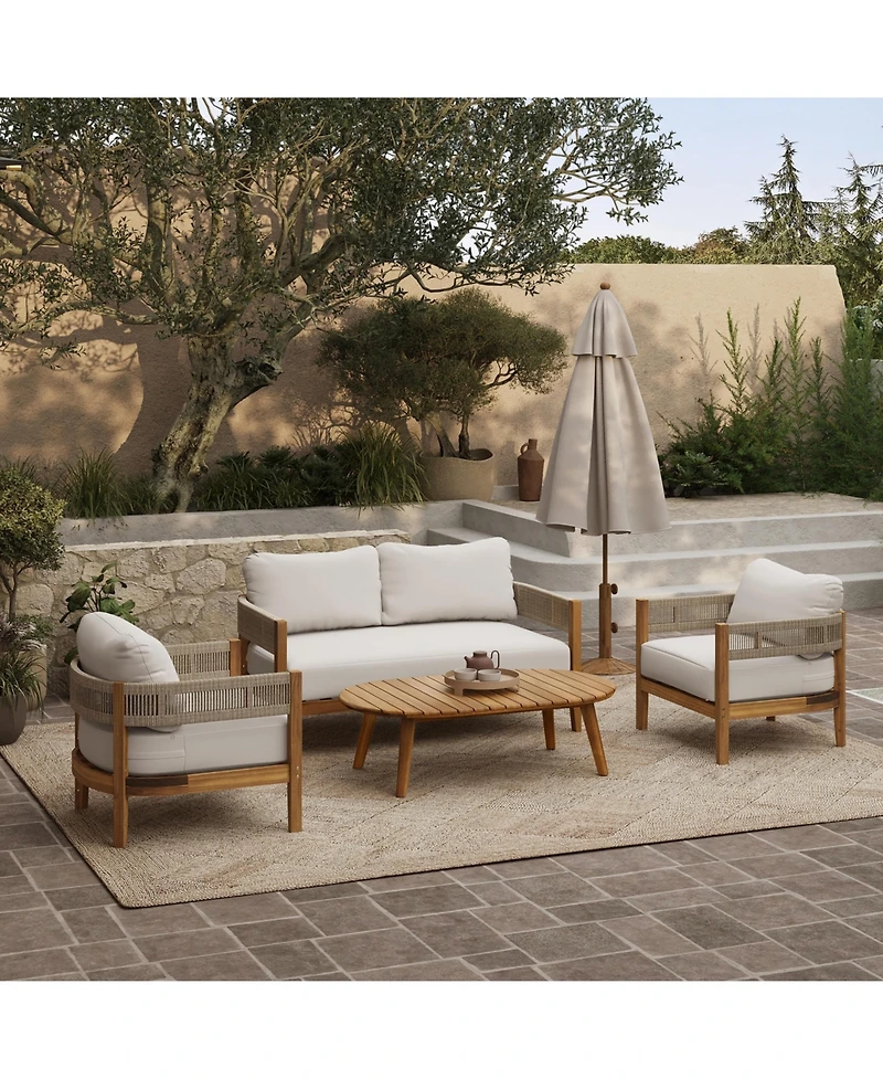 LuxenHome Outdoor Acacia Wood with Rope Sides Club Armchair with Cushions