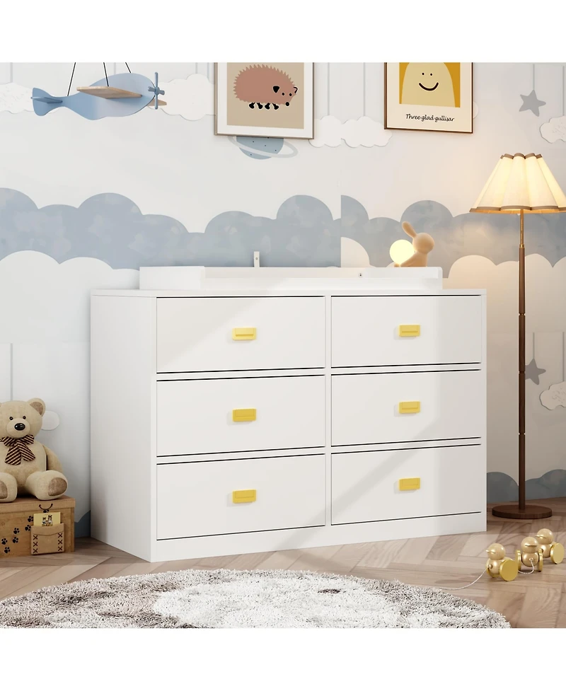 Changing table with six drawers, baby changing station with changing table top and drawers, white wood