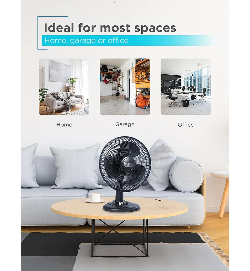 Black+Decker Desk Fan for Home and Office, 12” Fan with 3 Speed Settings, Oscillating Portable Fan, Black