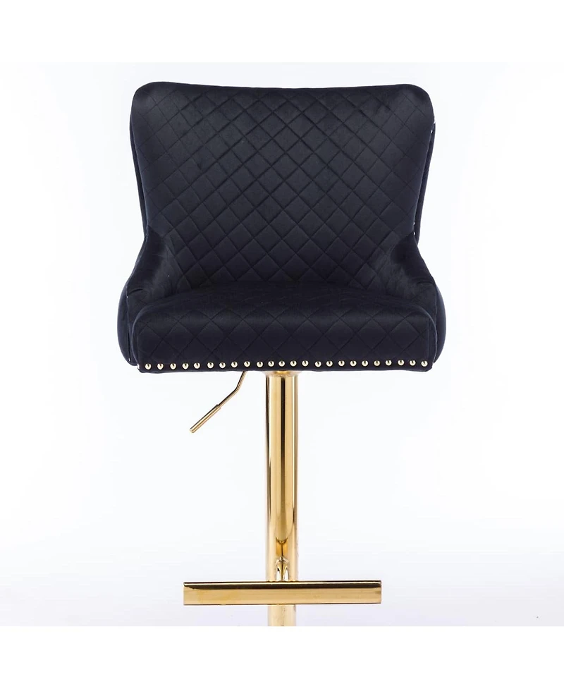 Velvet Adjustable Bar Stool with Tufted Backrest Lion Head Ring and Gold Metal Base for Kitchen Island Dining Room or Home Bar Set of 1-The Pop Home