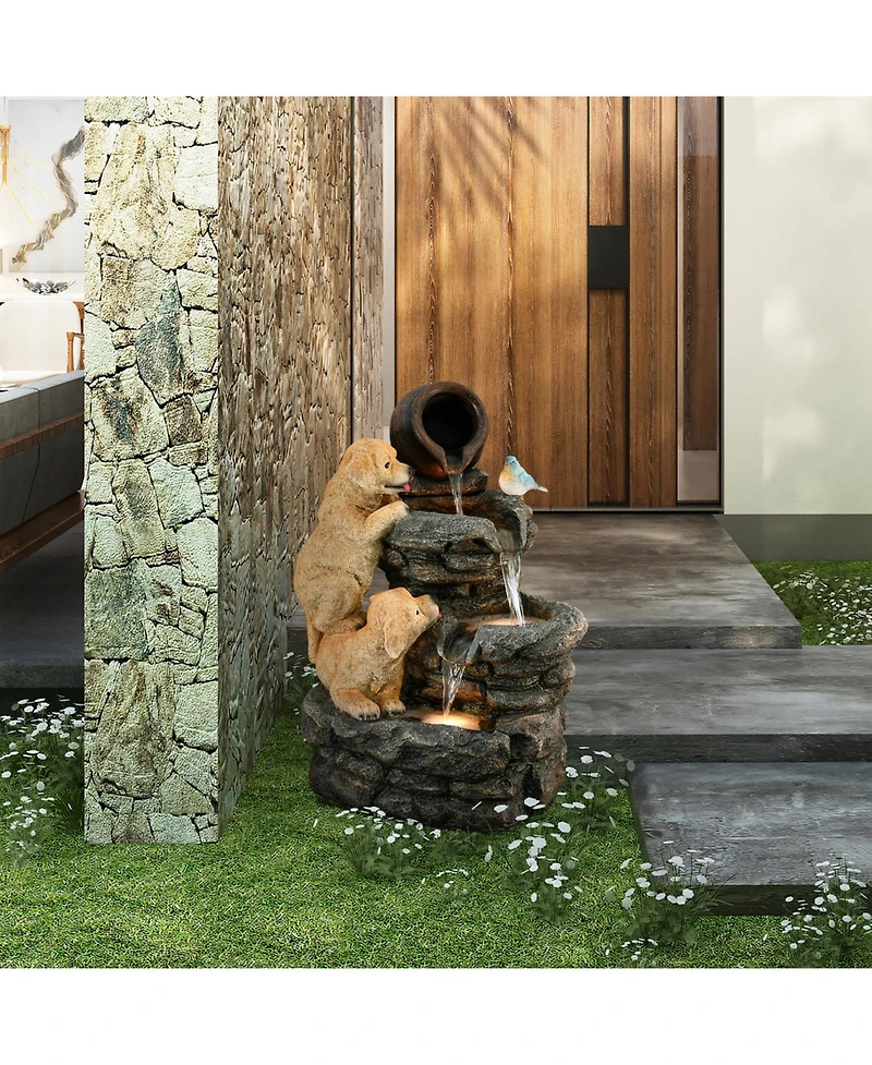 LuxenHome Puppy Rock Tower Farmhouse Resin Outdoor Fountain with Lights