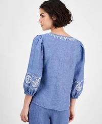 Charter Club Women's Embroidered 100% Linen Top, Exclusively at Macy's