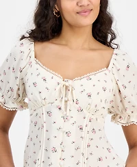 Planet Heart Juniors' Sweetheart-Neck Puff-Sleeve Top