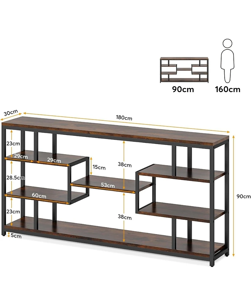 Tribesigns 70.87" Console Tables for Living Room, 5-Tier Narrow Long Sofa Tables with Open Storage Shelves, Rustic Entryway Tables with Metal Fra