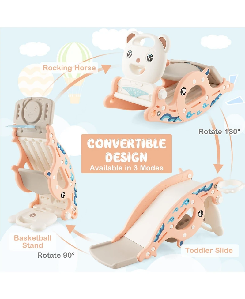 4-in-1 Kids Slide Rocking Horse with Basketball and Ring Toss