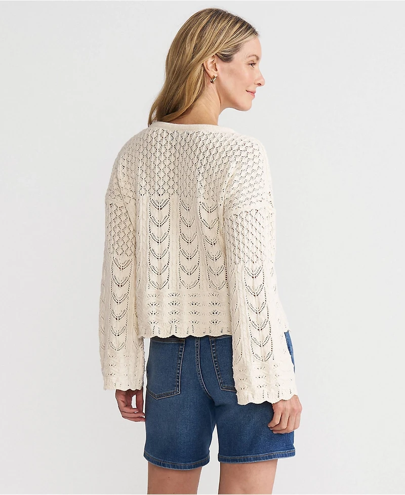 Lands' End Women's Cotton Boucle Pointelle Notch Neck Sweater