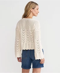 Lands' End Women's Cotton Boucle Pointelle Notch Neck Sweater