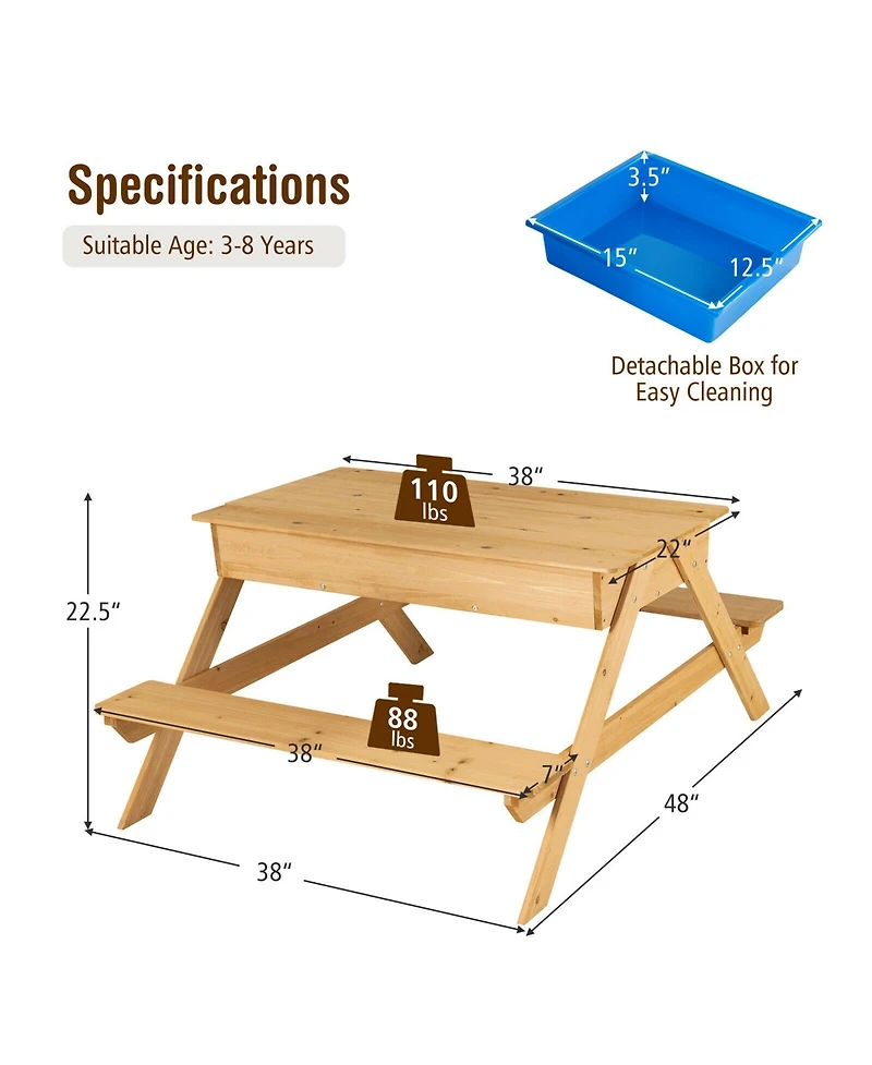 Gymax 3 in 1 Kids Picnic Table Wooden Outdoor Water Sand Table w/ Play Boxes