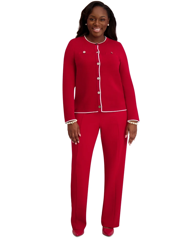 Kasper Round-Neck Long-Sleeve Button Front Cardigan, Regular & Plus
