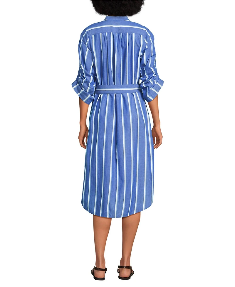 Lands' End Women's Poplin Oversized Puff Sleeve Midi Shirt Dress