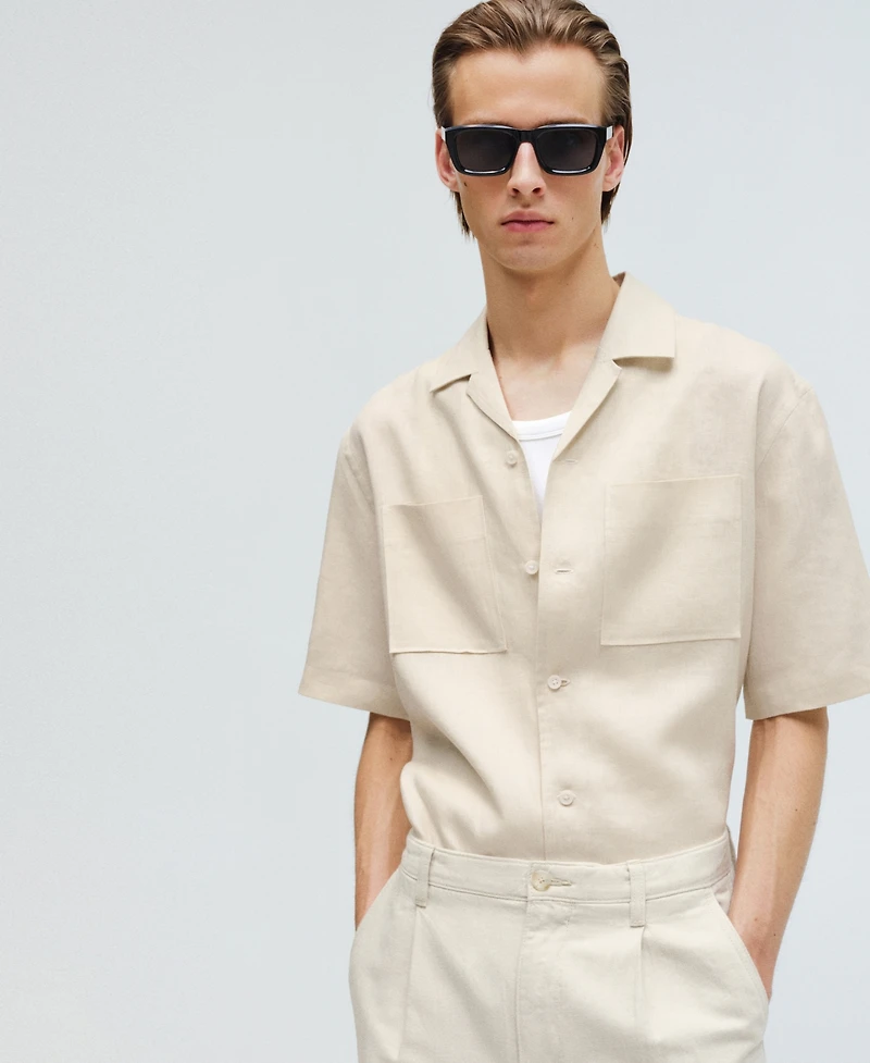 Mango Men's Linen Bowling-Collar Shirt