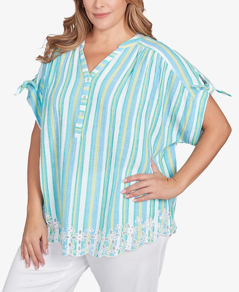 Ruby Rd. Plus Scalloped Stripe Embroidered Tie Sleeve Top