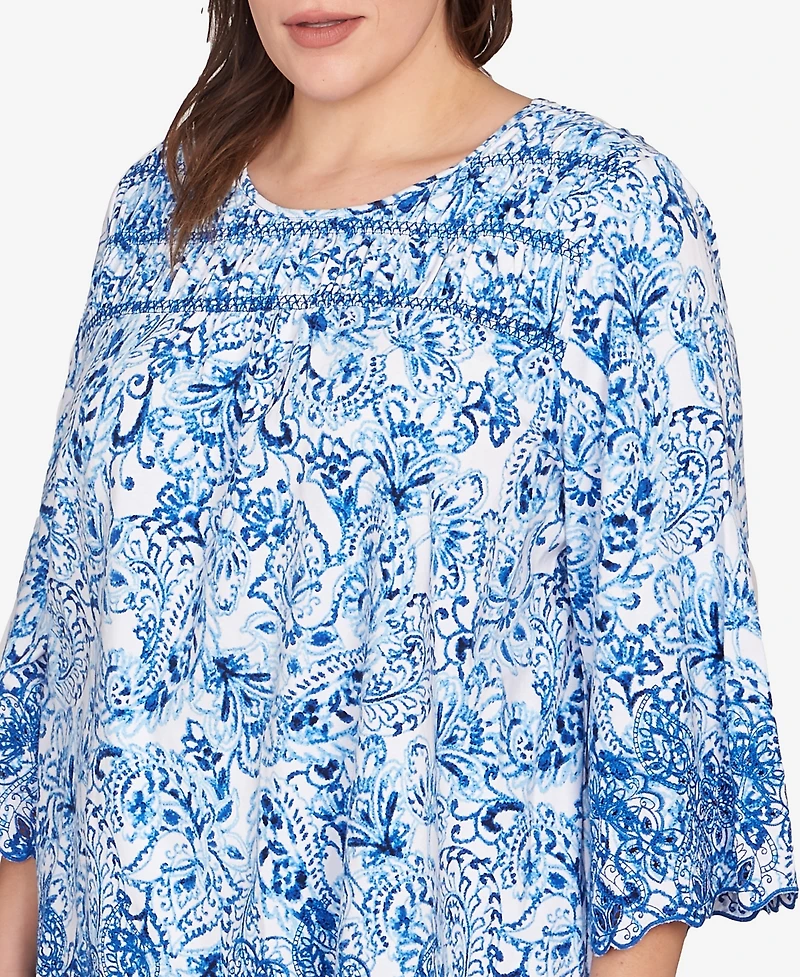 Ruby Rd. Plus Oceanic Paisley Embroidered Crew Neck Top