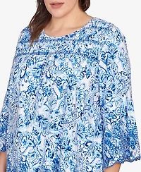 Ruby Rd. Plus Oceanic Paisley Embroidered Crew Neck Top
