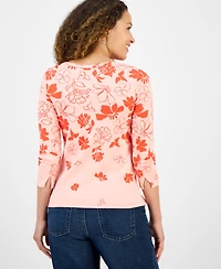 Style & Co Petite Floral Spark Printed Pima Cotton 3/4-Sleeve Top, Exclusively at Macy's
