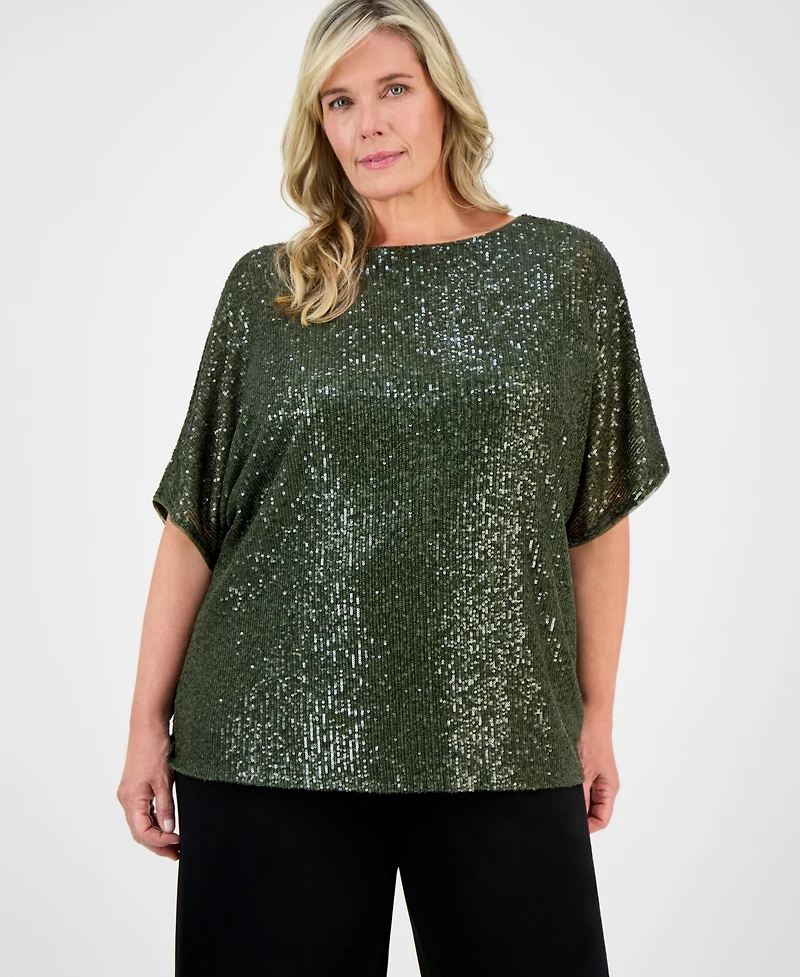 Anne Klein Plus Sequin Dolman-Sleeve Boat-Neck Top